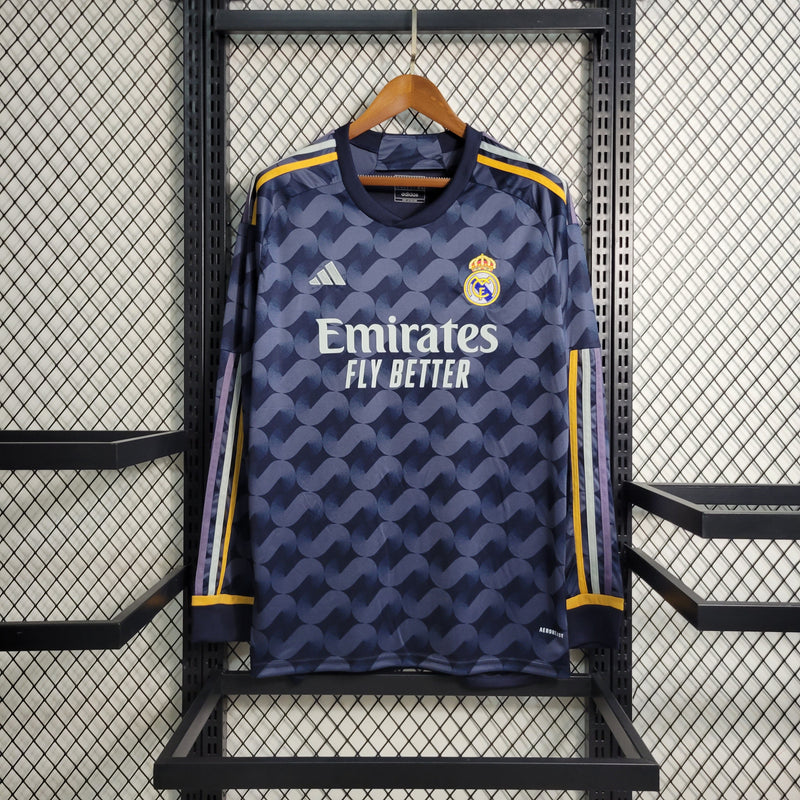 Camisa Real Madrid Away Manga Longa 23/24 Torcedor Adidas Masculina - Azul e Preta