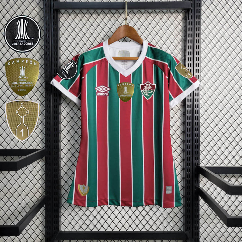 Camisa Fluminense Home 23/24 + Patchs Libertadores 23/24 Torcedor Umbro Feminina - Verde, Vermelha e Branca