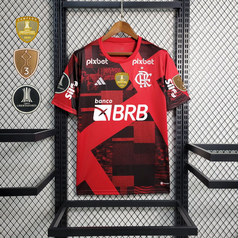 Camisa Flamengo Pré-Jogo 23/24 Torcedor + Patrocínios + Patches Adidas Masculina - Vermelho