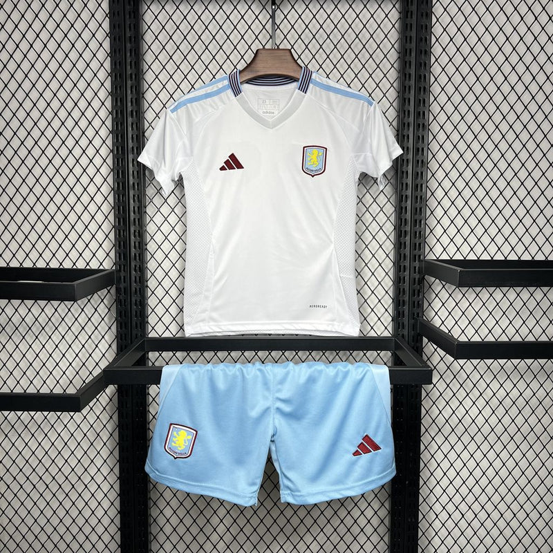 Kit Infantil Aston Villa Away 24/25 Camisa + Shorts Adidas Unissex - Branco e Azul