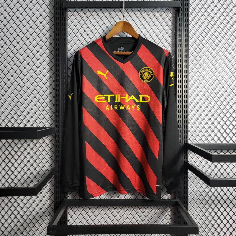 Camisa Manchester City Away Manga Longa 22/23 Torcedor Puma Masculina - Vermelho e Preto