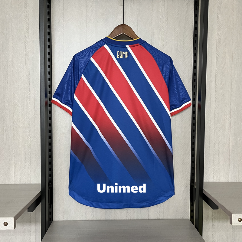 Camisa Bahia Away 24/25 Todos os Patrocinadores Torcedor Esquadrão Masculina - Vermelho, Azul e Branco