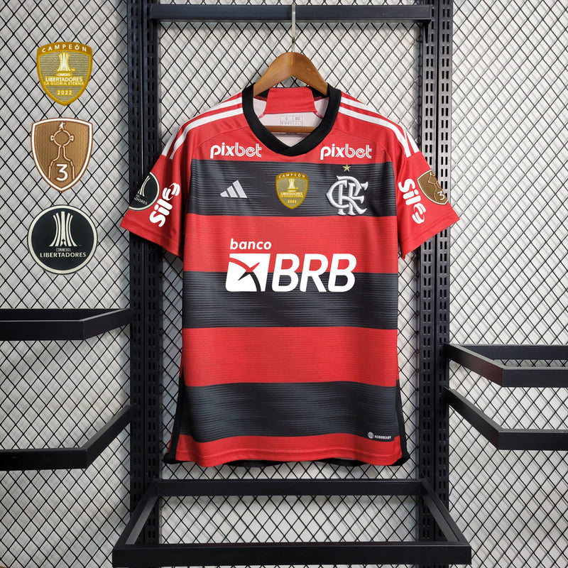 Camisa Flamengo Home 23/24 Todos os Patrocinadores + Patchs Torcedor Adidas Masculina - Vermelho e Preto