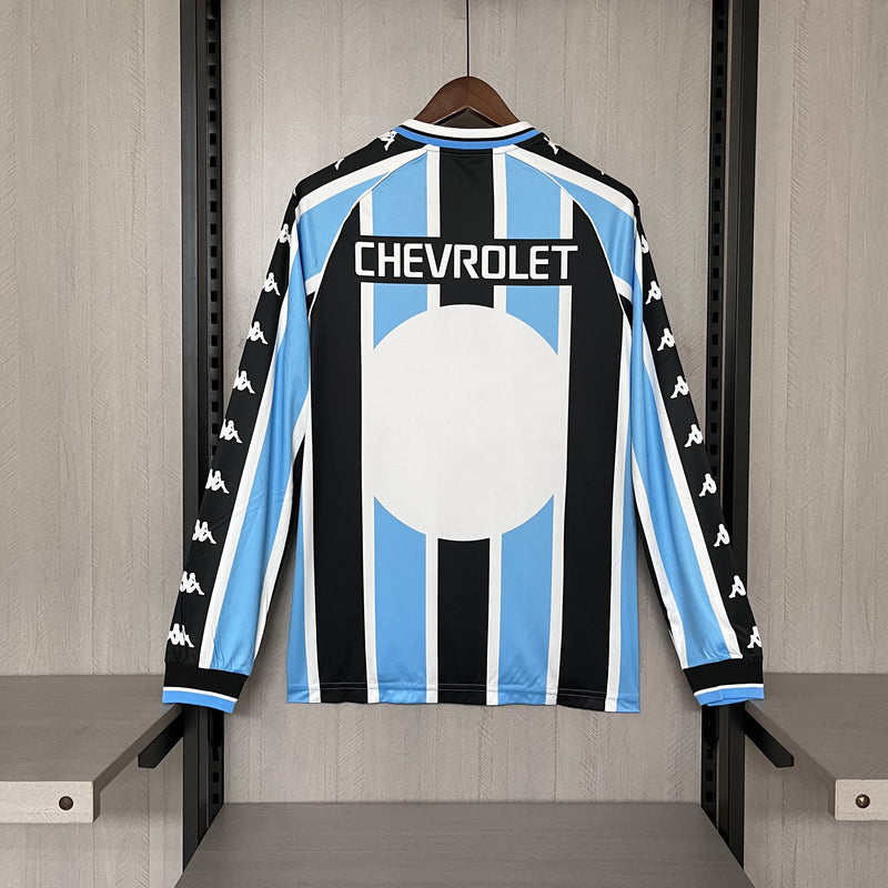 Camisa Grêmio Retro Home 2000 Manga Longa  Torcedor Kappa Masculino - Azul, Preto e Branco