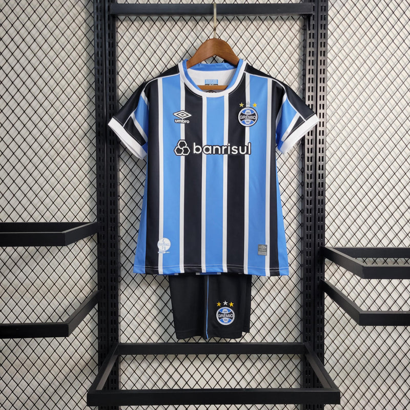 Kit Infantil Grêmio Home 23/24 Torcedor Umbro Masculino - Azul, Preto e Branco