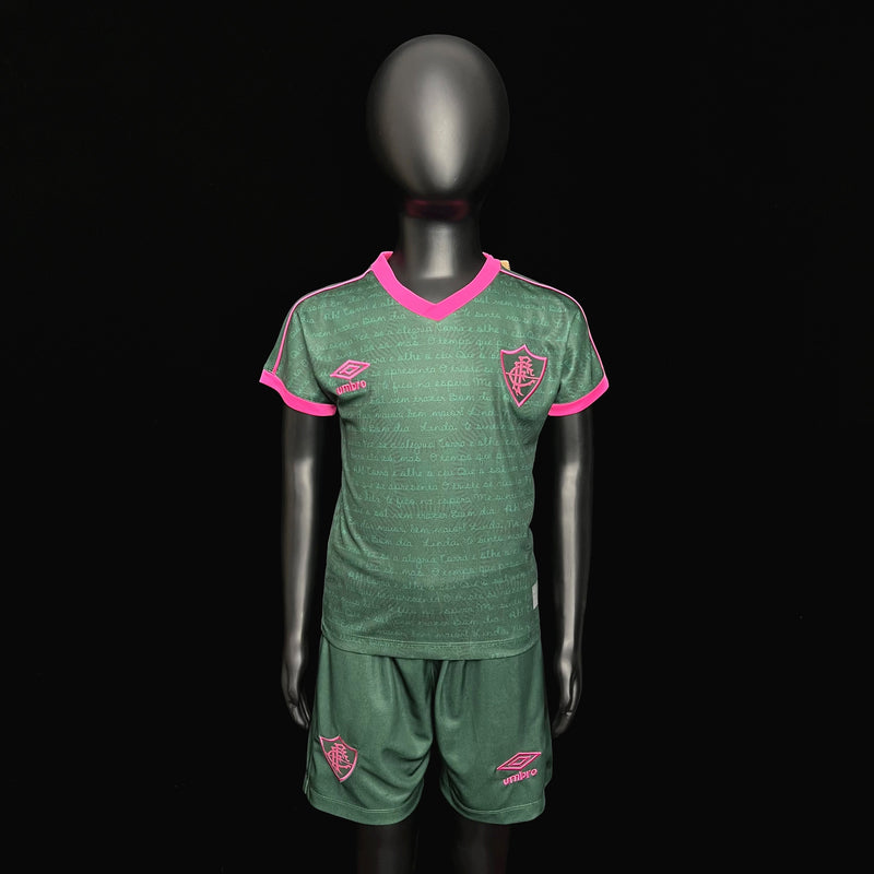 Kit Infantil Fluminense Third 23/24 Camisa + Shorts + Patch Umbro Unissex - Verde e Rosa