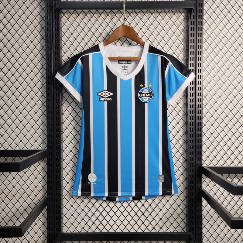 Camisa Grêmio Home 23/24 Torcedor Umbro Feminina - Azul, Preto e Branco