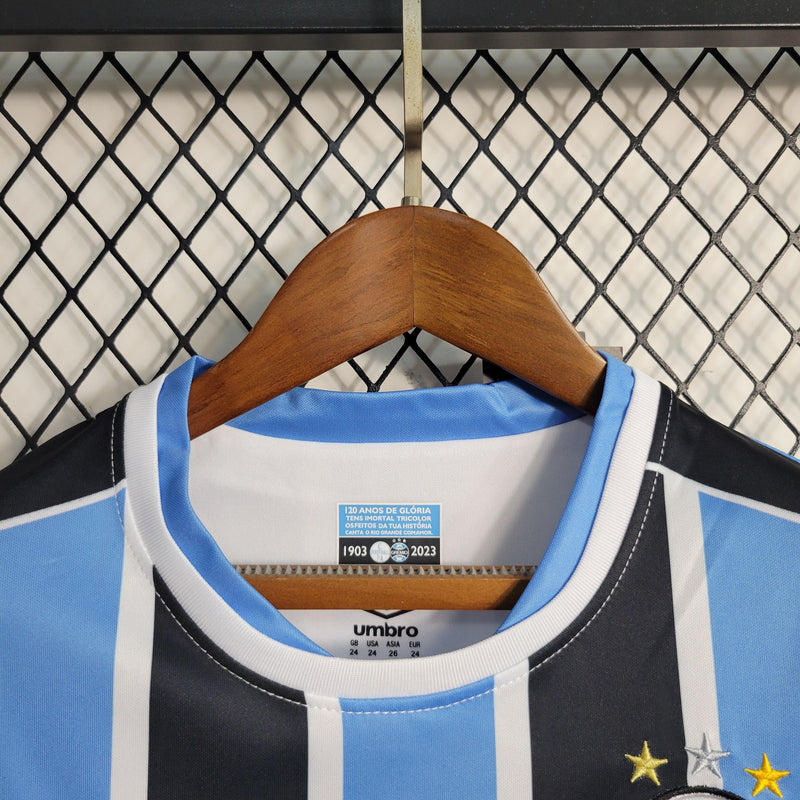 Kit Infantil Grêmio Home 23/24 Torcedor Umbro Masculino - Azul, Preto e Branco