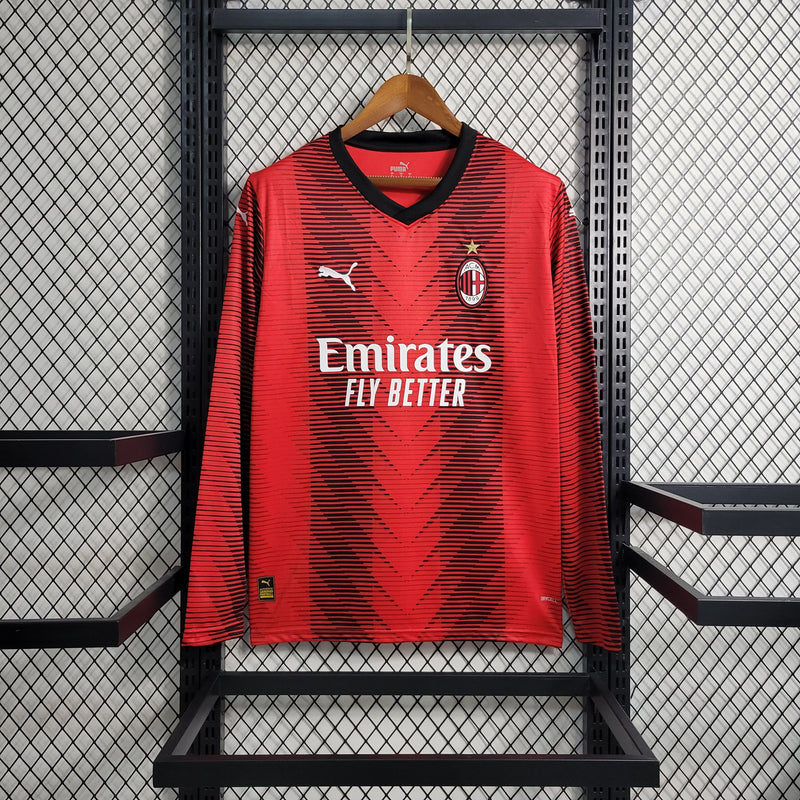 Camisa Milan Home Manga Longa 23/24 Torcedor Puma Masculina - Vermelho e Preto