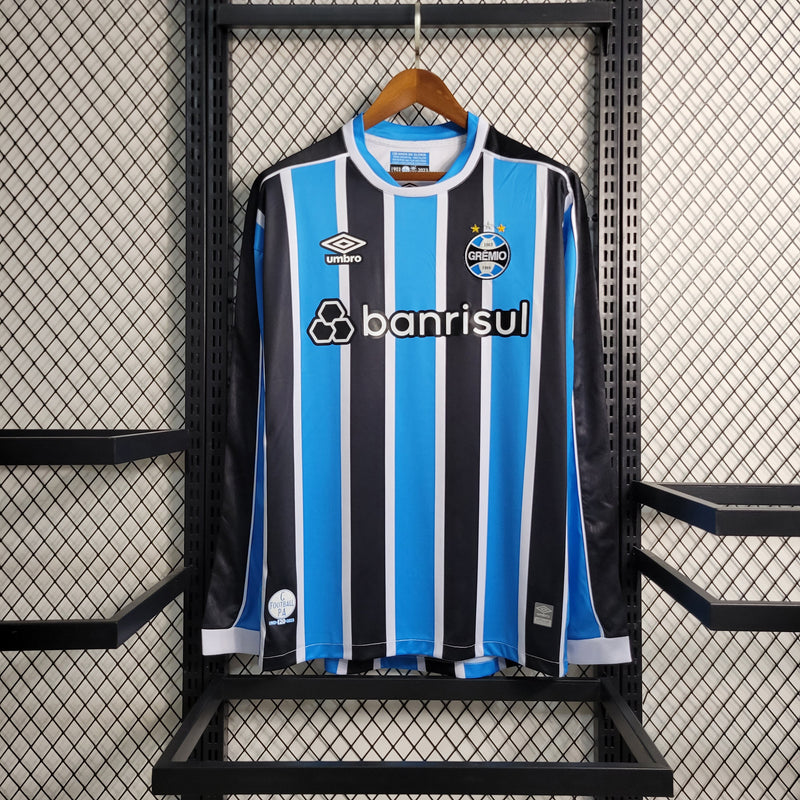 Camisa Grêmio Home Manga Longa 23/24 Torcedor Umbro Masculino - Azul, Preto e Branco