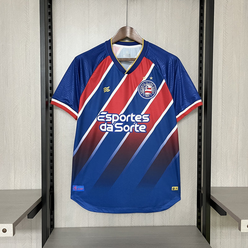 Camisa Bahia Away 24/25 Todos os Patrocinadores Torcedor Esquadrão Masculina - Vermelho, Azul e Branco