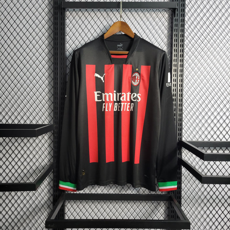 Camisa Milan Home Manga Longa 22/23 Torcedor Puma Masculina - Vermelho e Preto