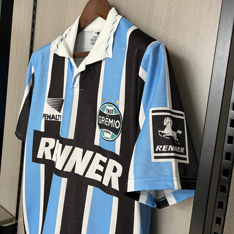 Camisa Grêmio Retro Home 1995 Torcedor Penalty Masculino - Azul, Preto e Branco